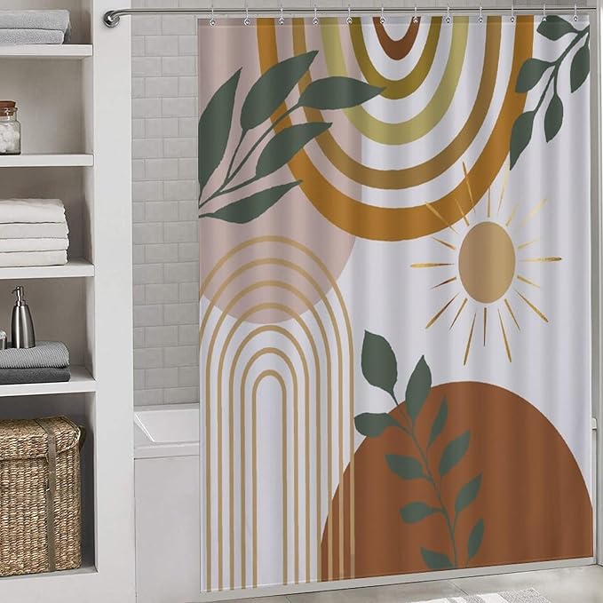 Mid Century Shower Curtain,Boho Modern Abstract Minimalist Gold Sun Bathroom Curtain Polyester Waterproof Fabric Decor 66x72in（168x183cm）