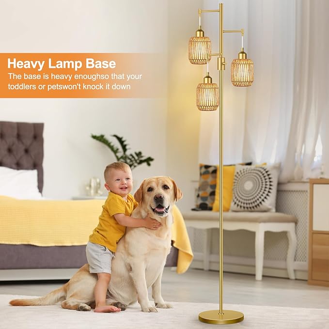 ZECOXOL Boho Floor Lamp for Living Room Bedroom-3 Light Dimmable Floor Lamp with Three Led Bulb & 3 Color Temperatures, Rustic Tall Lamp Gold Standing Lamp Tree Floor Lamps for Living Room