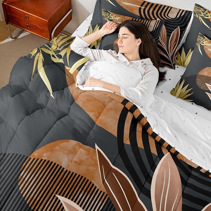 Erosebridal 7 Piece Boho Mid Century Bedding Sets King Modern Minimalist Simplistic Comforter Set,Retro Geometric Aesthetic Bed in a Bag Line Art Sheet Set with Comforter,Brown Black