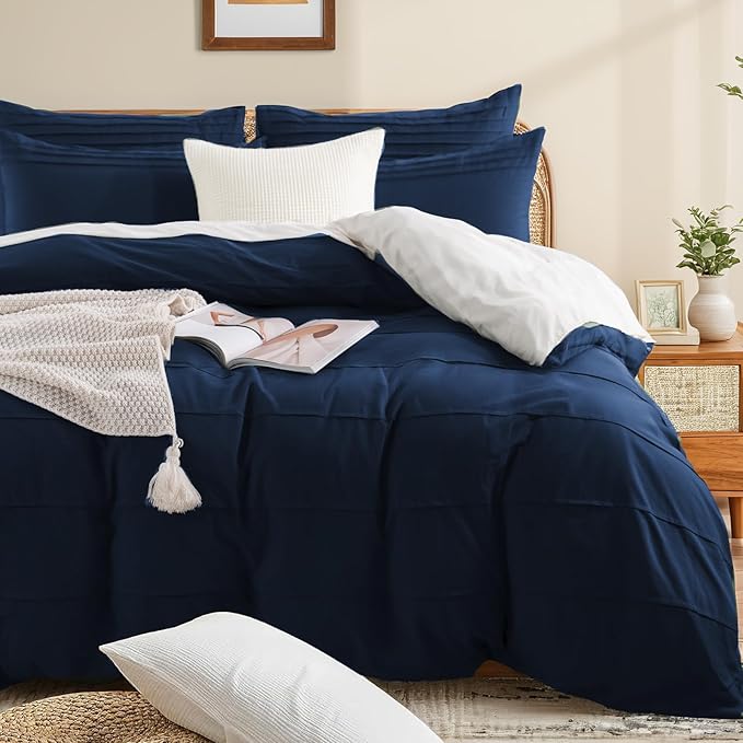 NEXHOME PRO 100% Washed Cotton Duvet Cover Twin, Linen Like Pleated Textured Navy Duvet Cover Set, 2pc Organic Bedding Set with Zipper Closure, Soft, Lightweight and Breathable (68"x90", No Comforter)