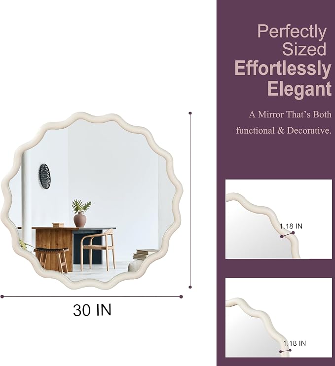 30 Inch Wooden Wavy Round Wall Mirror, Modern Solid Wood Frame Circle Decorative Accent Mirror for Bedroom, Bathroom, Living Room, Entryway, White