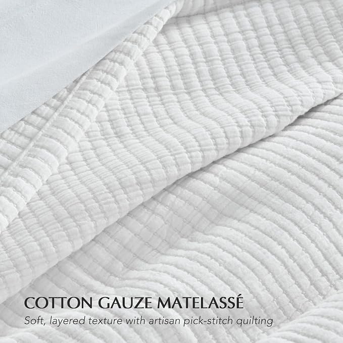 EVERGRACEHOME Cotton Gauze Full Queen Bedspread, Ultra Soft Prewashed Pick Stitch Matelassé Coverlet, Lightweight Textured Oversized Queen Quilt Bedding Set for All Season, with 2 Shams, Ivory White