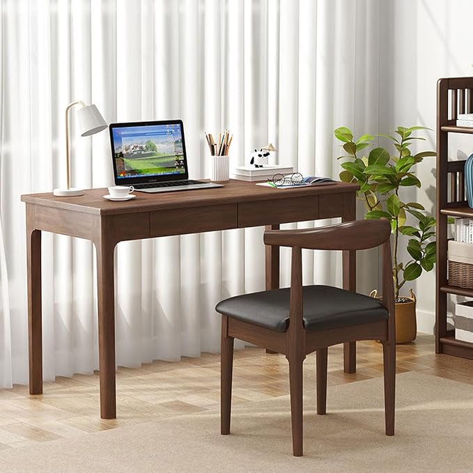 Solid Wood Desk with Drawers, Mid Century Modern Home Office Writing Desk, Vintage Computer Desk with Storage for Living Room, Bedroom(100x56x75cm, Walnut)