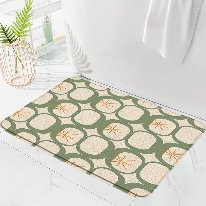Mid Century Modern Bath Mat Abstract Atomic Geometric Retro 1950s Sage Green Bathroom Kitchen Toilet Rugs,24x60 Inch