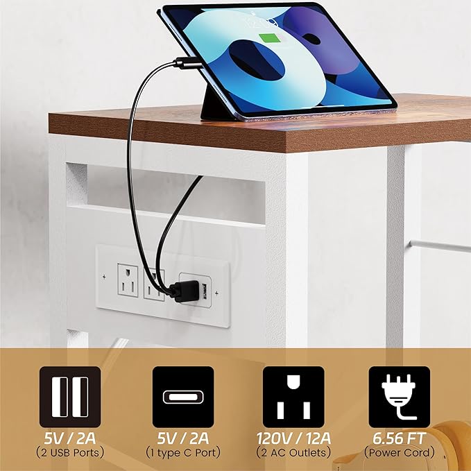 YAKANJ End Table with LED Light,Record Player Stand with Charging Station,Vinyl Records Storage,Turntable Stand Albums Storage for Music Room Studio-Industry White
