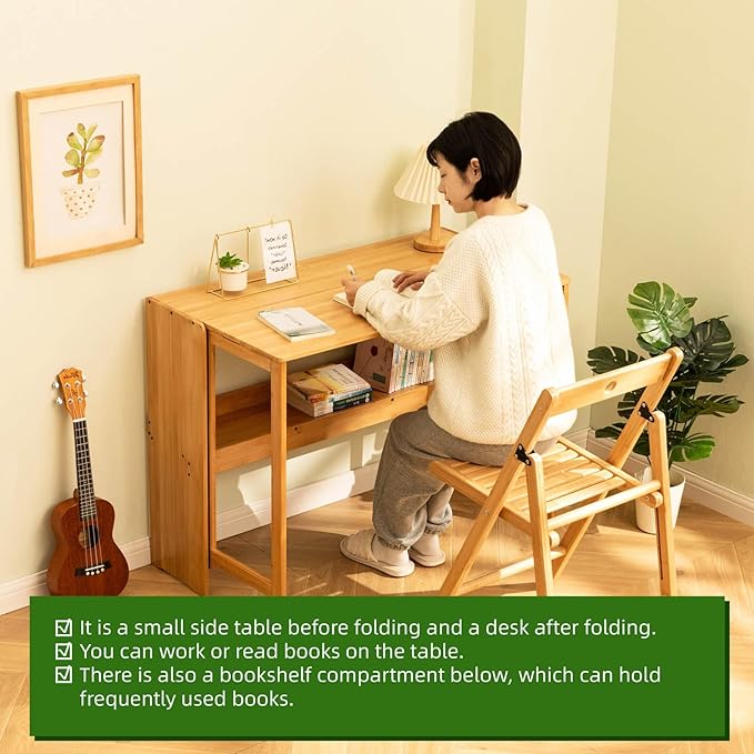 32.68" Space Saver Transformer Desk, Skinny Mid Century Modern Writing Table, Bamboo Foldable Study Table for Small Spaces, Compact Computer Desk for Bedroom Home Office Dorm Apartment (Natural)