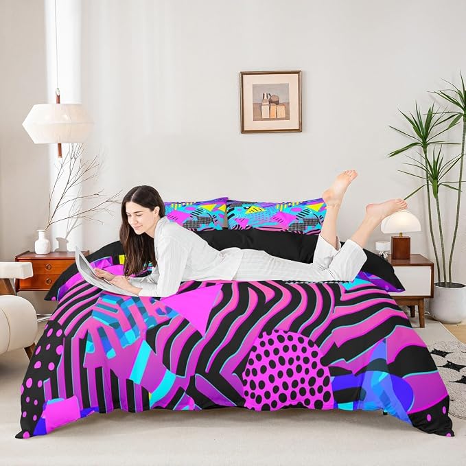 Tiger Skin Bedding Set Queen Size Purple Teal Blue Wild Animal Skin Duvet Cover,Vintage 80s 90s Memphis Comforter Cover Mens Hipster Hip-Hop 3D Geometric Quilt Cover Wildlife Fur Spot Room Decor
