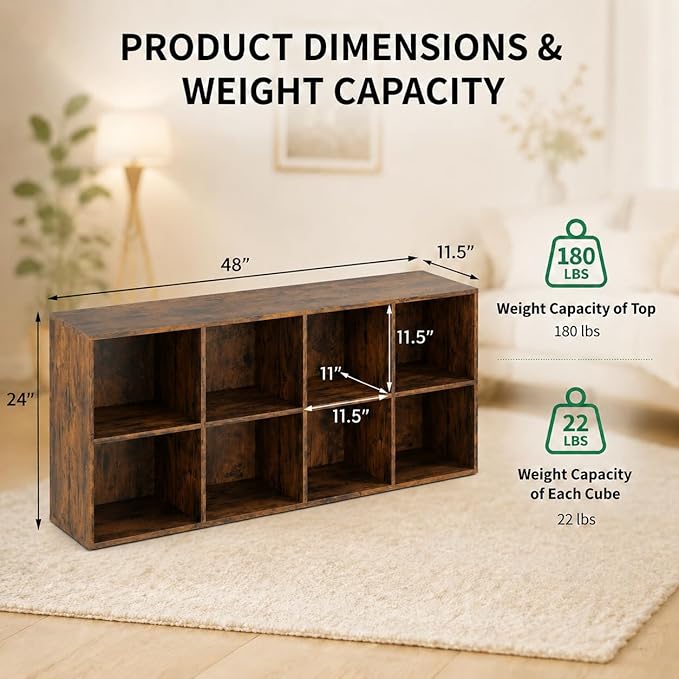 POWERSTONE 8 Cube Storage Organizer, Open Cube Bookshelf with Back Panels, Modern Display Cubby Bookcase for Bedroom Living Room Home Office, Rustic Brown