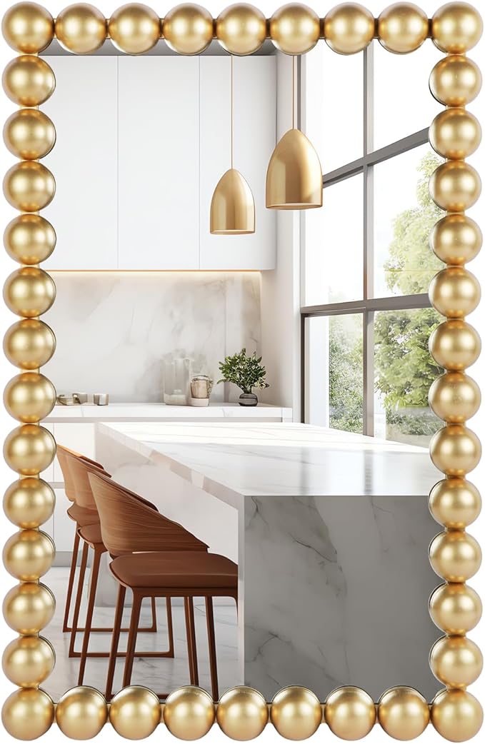 Decorative Beaded Wall Mirror – Modern Rectangular Accent Mirror, 20″x30″, for Living Room, Bedroom, Bathroom, Entryway & Office – Available in Gold, Black, & White (Gold)
