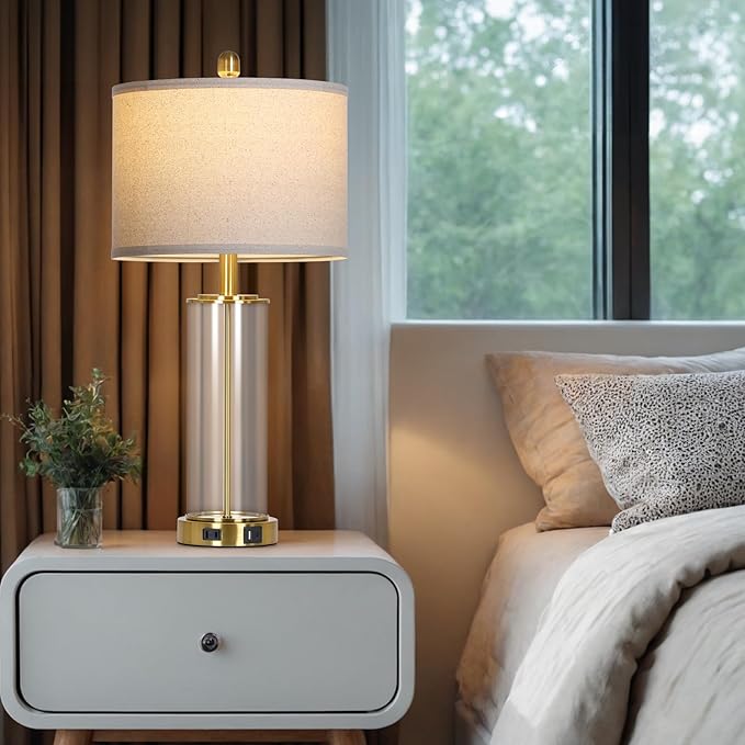 Ruzectt 26" Glass Table Lamp Single, 3-Way Dimmable Touch Control Living Room Lamp with USB C+A Ports & AC Outlet, Modern Bedside Lamps, Bedroom Lamps for Nightstand Side End Table Desk, Gold-1PK