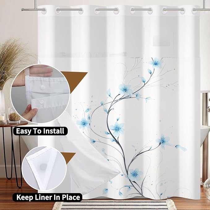 No Hook Shower Curtain with Snap in Liner Blue Watercolor Flowers Plant Shower Curtain with Liner for Bathroom Modern Hotel Fabric Washable 71x74 Inch