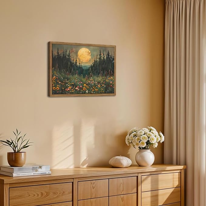 Vintage Forest Moon Wall Art, Nature Pine Tree Woodland Wall Decor Paintings, Dark Cottagecore Landscape 3D Textured Hand Drawn Sandstone Artwork for Bedroom Living Room 12x16 inch Wood Framed