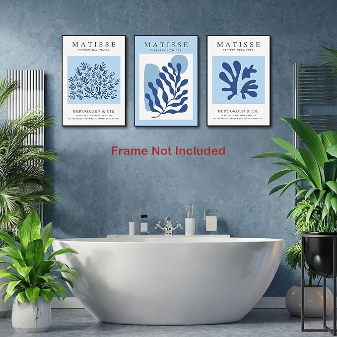 BingruiArt 3Pcs Unframed 16x24in Blue Matisse Wall Art Boho Flower Canvas Posters Minimalist Plant Leaves Painting Abstract Pictures Aesthetic Prints Home Decor for Living Room Bedroom Bathroom