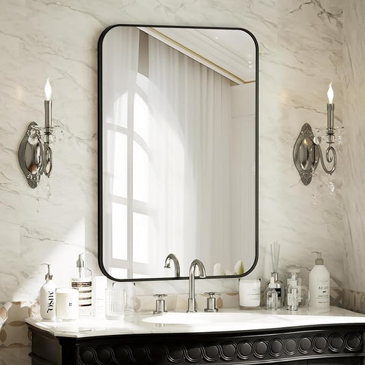 BEAUTYPEAK 24" x 36" Rectangular Aluminum Alloy Frame Wall Mounted Bathroom Mirror with Rounded Corners, Black