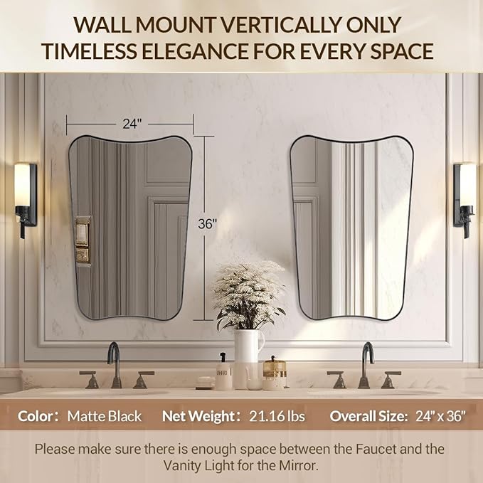 MIRRORTART Contemporary Black Bathroom Mirrors for Wall, 24x36'' Asymmetrical Scalloped Butterfly Rectangle Mirror in Stainless Steel Metal Frame for Home Decor Wall Mounted Vertical Only
