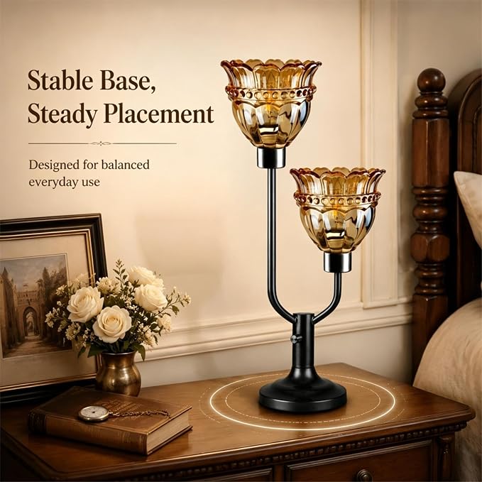 Lightdot Vintage Table Lamp for Living Room Dimmable Mid Century Modern Black Desk Lamp Amber Glass Nightstand Lamp 2 Bulbs Included Warmwhite Ambient Bedside Lamps for Bedroom Home Office Decor Gift