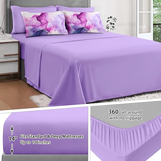 5Pcs Comforter Set Twin Size, Blue Purple Lavender Marble, Bedding Decor Pink Watercolor Smoke Abstract Shapes Bedroom Bed Set Flat Sheet Fitted Sheet Pillowcases Shams for Kids Adults