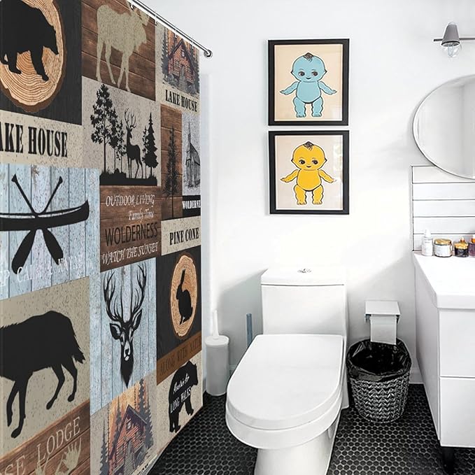Rustic Cabin Shower Curtain Bear Deer Forest Wildlife Country Lodge Hunting Camping Animal Farmhouse Vintage Waterproof Shower Curtains for Bathroom Decor 12 Pack Hooks 72x72in (183x183cm
