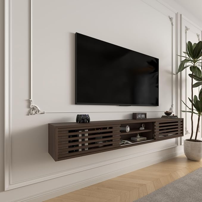 55" Floating TV Stand with Slatted Sliding Doors, Mid-Century Modern Wall Mounted Entertainment Center, Walnut Media Floating tv Console for 75 TV, Space-Saving Cable Management