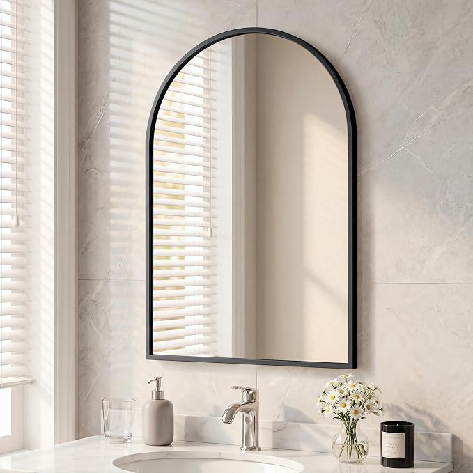 Arched Black Bathroom Mirrors for Wall, 24x36-Inch Wall Mirror for Over Sink, Bathroom Vanity Mirror with Matte Metal Frame and HD Shatter-Proof Glass for Entryway, Living Room, Bedroom