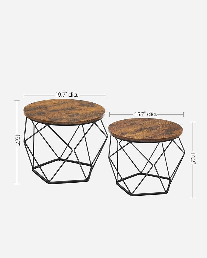 VASAGLE Small Coffee Table Set of 2, Round Coffee Table with Steel Frame, Side End Table for Living Room, Bedroom, Office, Rustic Brown and Ink Black | Living Room, Bedroom, Office