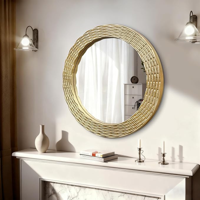 WAMIRRO Gold Round Wood Wall Mount Mirror, 24 Inch Hand Carved Solid Wood Frame Circle Mirror, Farmhouse Boho Decor for Living Room, Bathroom, Bedroom, Hallway & Entryway