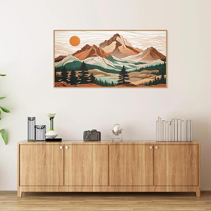 Tinonedraw Mountain Framed Canvas Wall Art, Sunrise Forest Woodland Landscape Art Prints, Boho Ridge Scenery Wall Decor, Wood Pine Wilderness Art Paintings for Living Room Bedroom Office 20"x40"