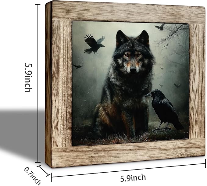 Gothic Wolf and Raven Wooden Desktop Sign, Dark Academia Forest Wildlife Wood Plaque Tabletop Decor, Mystical Animal Wooden Sign for Bedroom Living Room Office Shelf