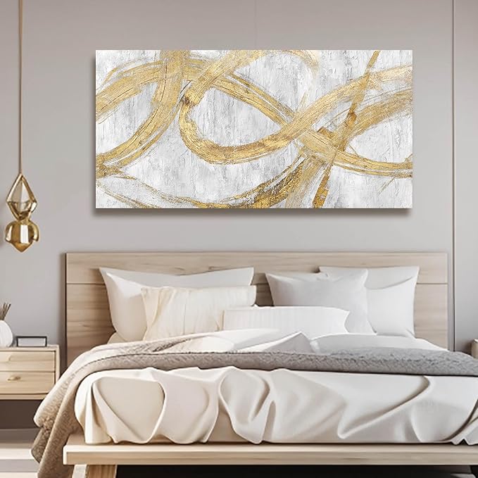 VAYIMDH Decorative Wall Art Line Painting Prints on Canvas White Living Room Wall Decor 24"x 48" Abstract Artwork Gold Picture Wall Decor for Bedroom