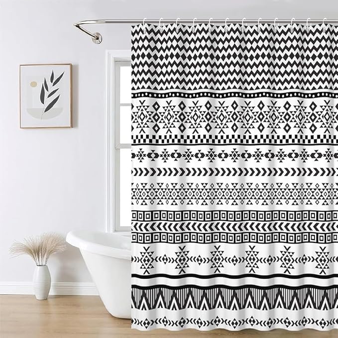 Bohemian Ethnic Shower Curtain for Bathroom Black and White Geometric Pattern Shower Curtains Modern Abstract Minimalist Bathroom Decor Set Washable Waterproof Polyester Fabric with Hooks 72x96 Inch