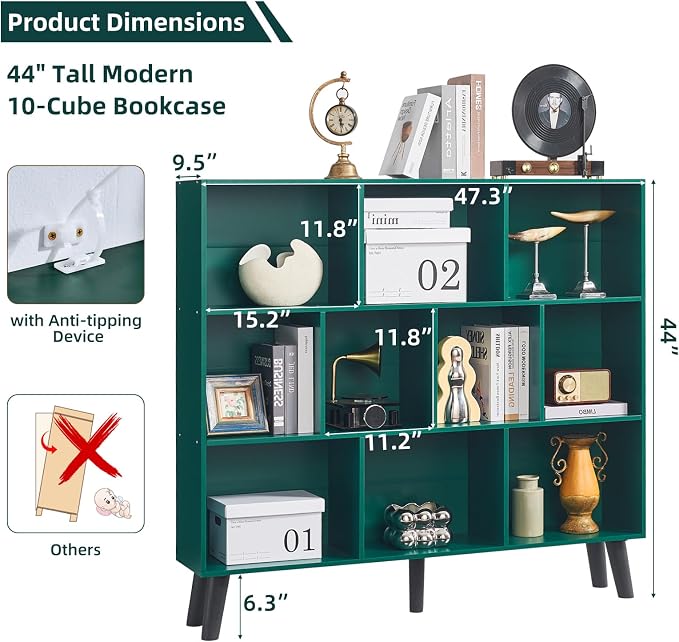 LEYAOYAO 10 Cube Bookshelf,3 Tier Modern Wide Bookcase with Legs,Mid-Century Wood Bookshelves Storage，Dark Green Large Book Case,Freestanding Organizer Display Shelf for Bedroom,Living Room,Office