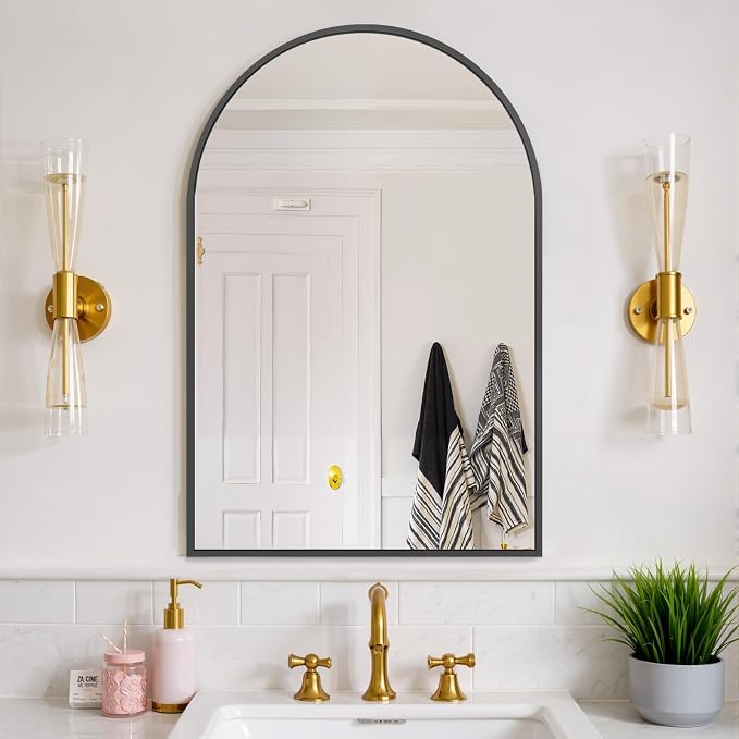 Bathroom Mirror for Wall, 36x24 Inch Arched Mirror, Matte Black Metal Framed Bathroom Vanity Mirrors for Restroom Farmhouse, Anti-Rust, Tempered Glass, Hanging or Leaning