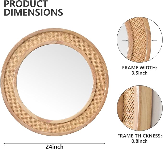 24" Round Rattan Mirror, Circle Wall Mirror, Farmhouse Wooden Vanity Mirror with Handmade Wicker Frame, Decorative Boho Mirror for Nursery Bedroom Living Room Entryway Nature