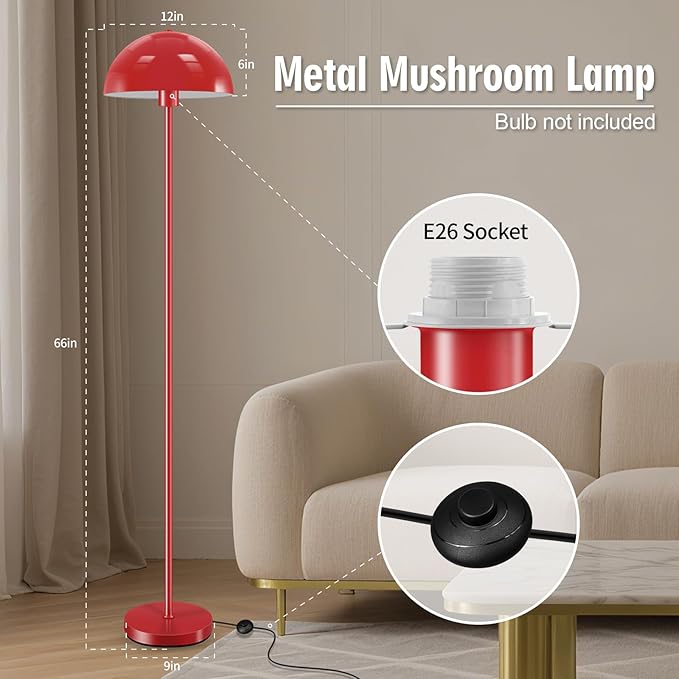 Industrial Floor Lamp, Red Floor Lamp for Living Room, 66Inch Tall Modern Standing Lamp, Stand Up Lamp with Metal Dome Shade, Mid Century Corner Reading Lamp for Bedroom Office Nursery Room, NO BULB