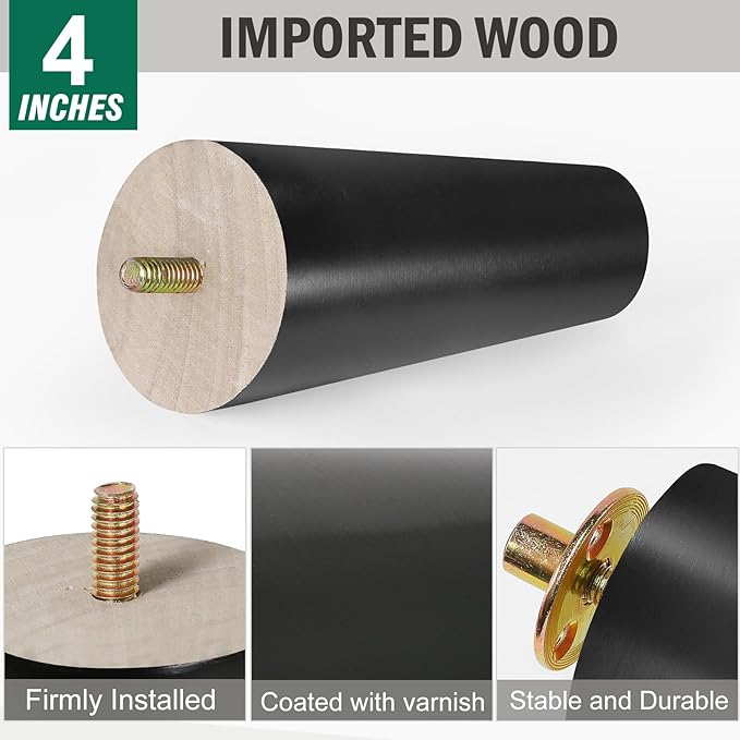 FoDau770 Black Rubber Wood Furniture Legs 4 Inches, Slant Tapered Wood Feet Mid Century Sofa Legs Set of 8, 5/16" UNC Furniture Feet Replacement Parts for Cabinet Couch Dresser Chair Ottoman Table