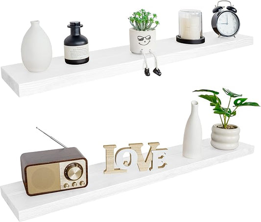 BGMG Floating Shelves for Wall 48 Inch Long, Rustic Solid Wooden Deep Wall Shelves for Bathroom Living Room Bedroom Kitchen Farmhouse Set of 2-48x6.7x1.25 Inch - White