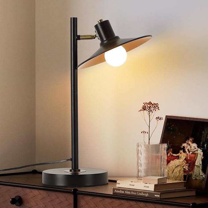 Modern Desk Lamp Black Gold Table Lamp Metal Reading Light with Adjustable Swivel Arm Reading Lamp for Nightstand Bedside Table, Office Desk, Living Room