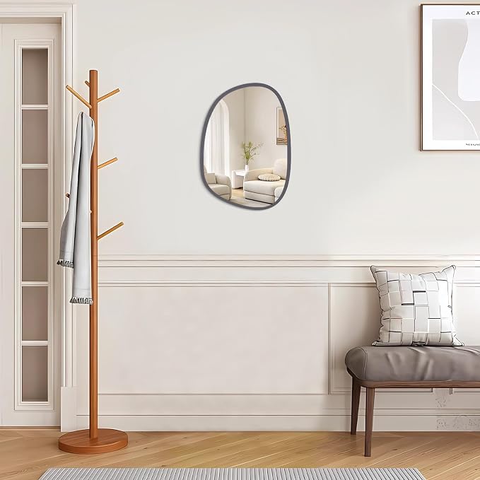 Gery Mirrors for Wall Asymmetrical Wood Frame Oval Hanging Mirror Unique Irregular Modern Mirror for Entryway Hallway Living Room Bedroom Vanity Decorative Artistic Wall Mirror