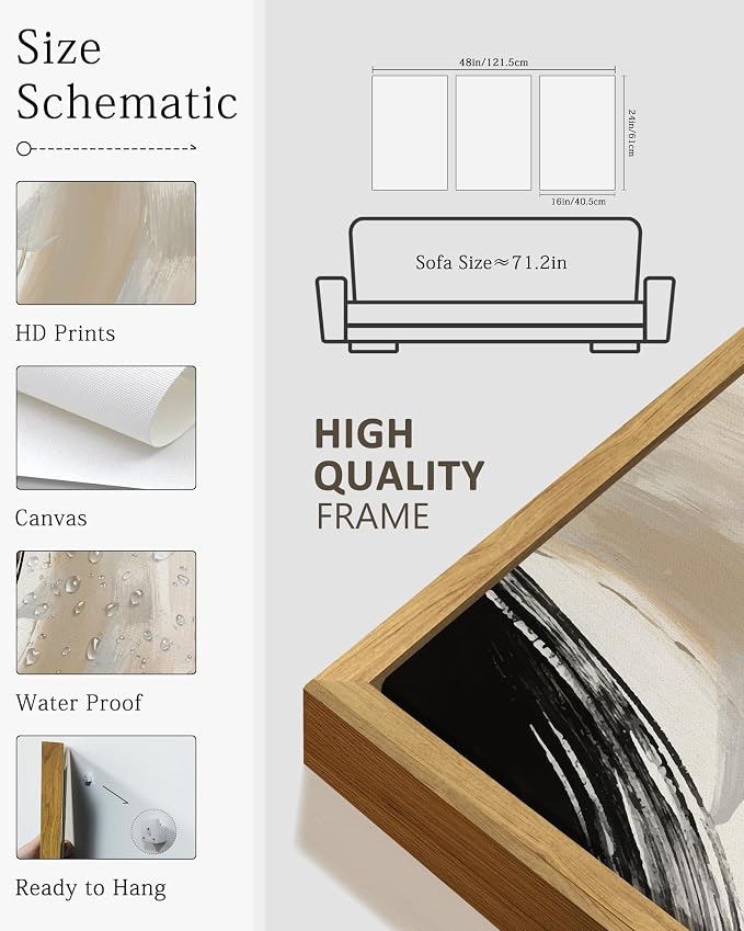 KUVIOKE Modern Abstract Framed Wall Art Black Neutral Minimalist Ink and Wash Graffiti Pastel Wall Decor for Bedroom Living Room 16x24in (Natural Framed)