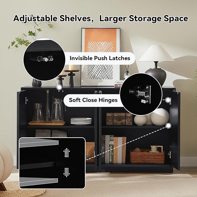 59" Sideboard Buffet Cabinet with Storage, Mid-Century Modern Solid Wood Veneer Buffet Sideboard Accent Credenza with Adjustable Shelves for Living Room Kitchen Hallway (Black)