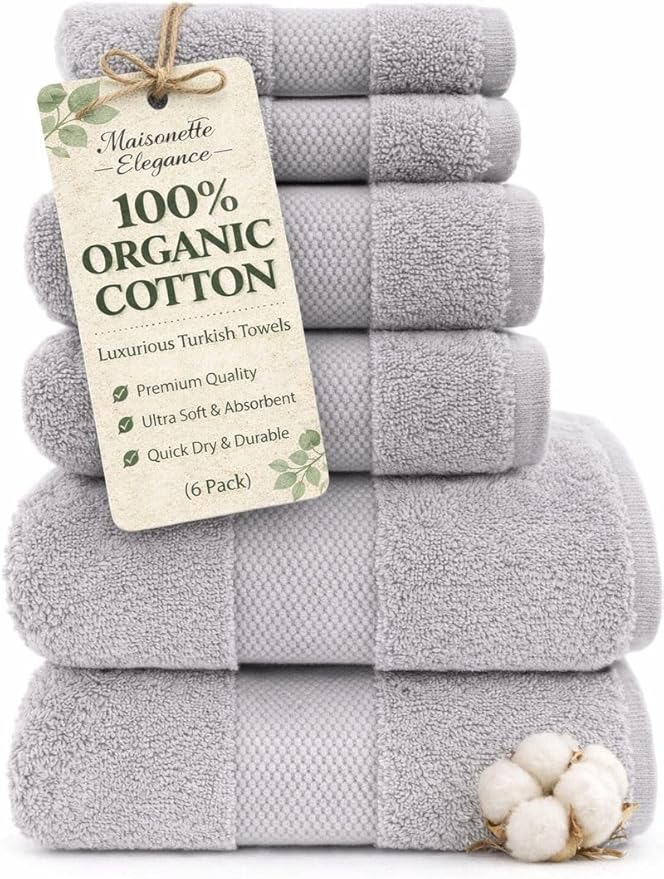Maisonette Elegance 100% Organic Cotton Turkish Bathroom Towels Set, Ideal Quick Dry Luxury Washcloths, Hand & Large Luxury Bath Towels for Shower (6 Pack), Pewter