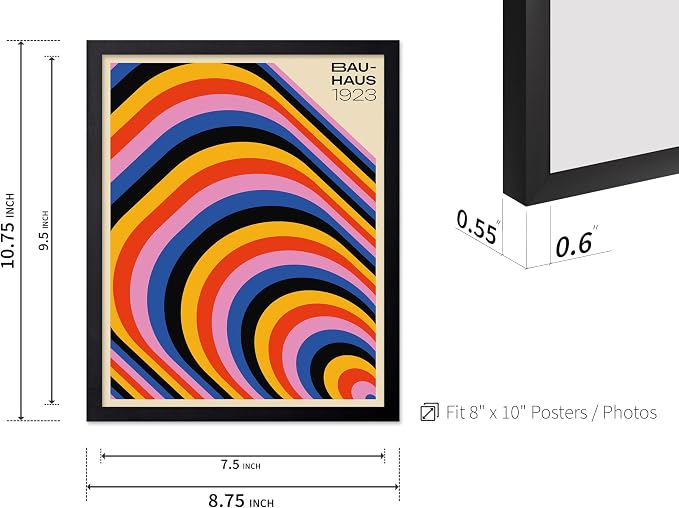 Poster Master Bauhaus Poster - Psychedelic Stripes Print - Abstract Art - Geometric Art - Graphic Design Art - Chic Boho Art - Mid Century Modern Art - Living Room Wall Decor - 8x10 Black Framed