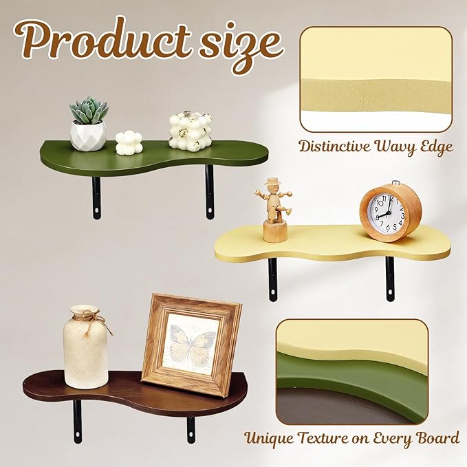AceOrbit 3 Pcs Mid Century Floating Shelves Wavy Cloud Shelves Wooden Shelf Live Edge Wall Mount Shelf Rustic Farmhouse Mid Century Modern Ledge for Bedroom Living Room Home Decor Housewarming Gifts