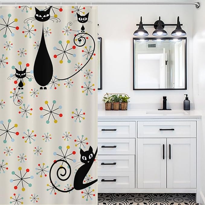 Mid Century Black Cat Shower Curtain,Atomic Cat Modern Abstract Geometric Iconic Pattern 1950s Vintage Funny Decor Fabric Bathroom Curtain with Hooks 72x72in（183x183cm）
