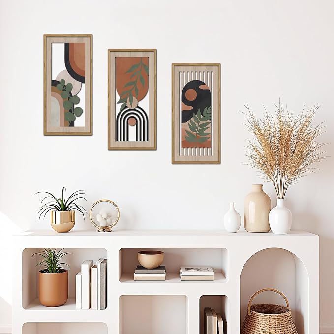 HPNIUB 3 PCS Boho Wall Decor, Minimalist Mid Century Sun Geometric Line Hanging Wood Sign for Living Room, 8x16Inch Modern Botanical Leaf Wooden Plaque for Apartment Bedroom Office Decoration