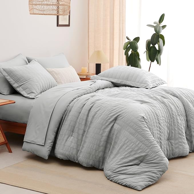 CozyLux Oversized Queen Comforter Set with Sheets, 7 Pieces 98"x98" Light Grey Seersucker Bed in a Bag, Light Gray Bedding Sets with Down Alternative Comforter, Sheets, Pillowcases & Shams, Home Gift