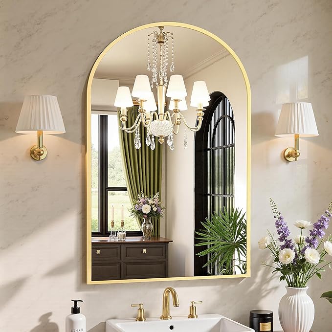 NEWBULIG 24X36 Inch Arched Bathroom Mirror for Wall, Vanity Bathroom Mirrors for Over Sink Tempered Glass, Anti-Rust Arched Metal Framed, Hangs Horizontally or Vertically, Farmhouse Home Decor, Gold