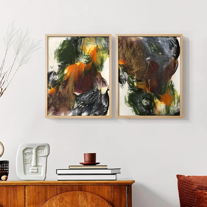 Renditions Gallery Set of 2 Peel & Stick Framed Prints, Watercolor Abstract Wall Art, Colorful Fluid Design Wall Decor, Re-Stickable - Ready to Hang - 8"x10" - NATURAL WOOD Frame LT588