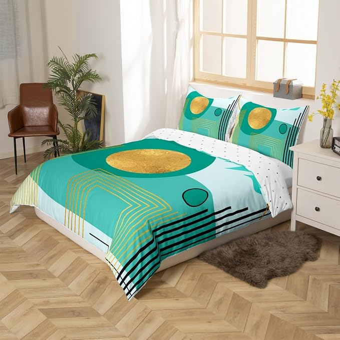 Erosebridal Boho Mid Century Duvet Cover Toddler Size Turquoise Neutral Modern Comforter Cover Geometric Abstract Bedding Set Minimalist Aesthetic Bed Set