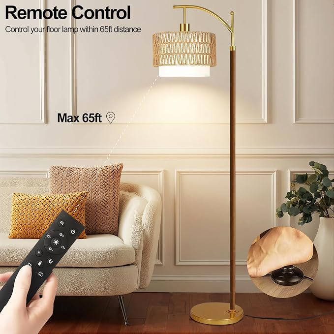 ILLMTW Rattan Floor Lamp for Living Room,Bedroom,Boho Wood Standing Lamp with Remote Dimmable,Vintage Mid Century Modern Gold Tall Lamp Wicker Lamp Shade Floor Lights Bohemian Tiffany Style